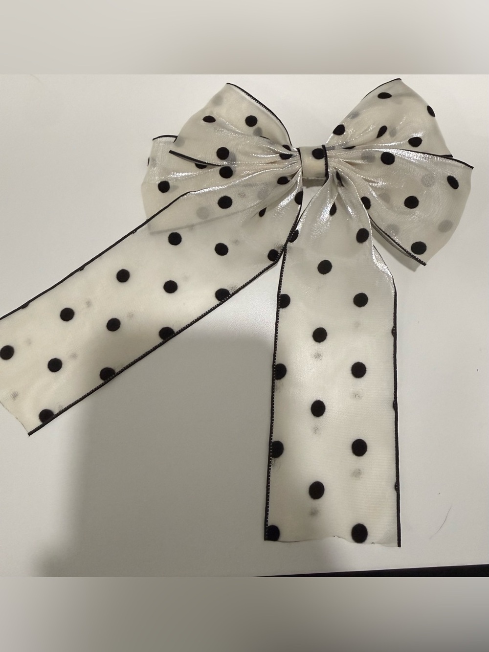 NWOT Unbranded Flocked Polka Dot Sheer Bow Hair Clip - Black on Ivory (good)